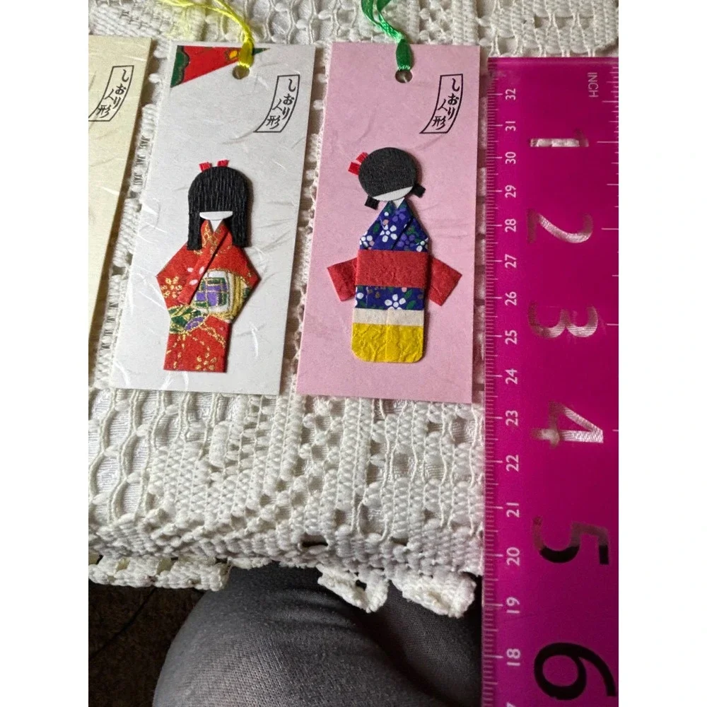 Japanese Washi Paper Doll Bookmark Set and Red Chirimen Fabric Otedama Doll